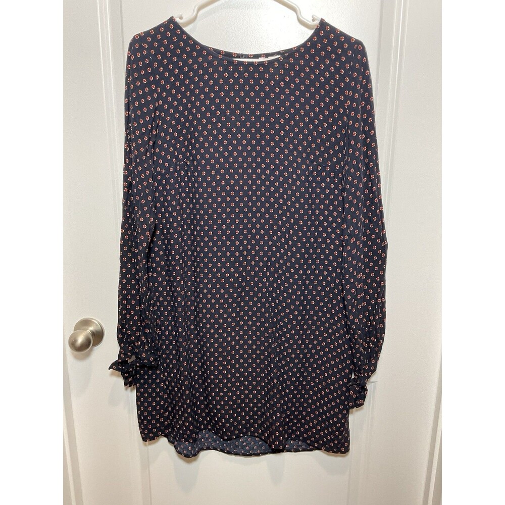 HM Navy Blue Geometric Diamond Print Shift Dress Long Sleeve Tie Cuff Womens 10